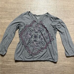 Faded Glory Gray Long Sleeve Top with Purple Floral Design